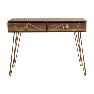 Wooden console table with geometric design and metal legs on a white background