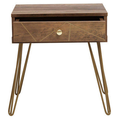 Brown Wood Top 1-Drawer Side Table with Hairpin Legs, Flori