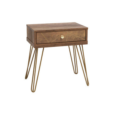 Wooden side table with a single drawer and metal legs on a white background