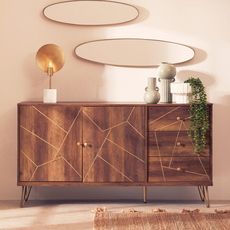 Wooden sideboard with geometric design in a room with decorative elements.