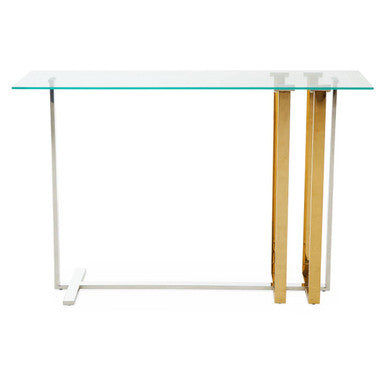 Silver and Gold Steel Frame Console Table with Glass Top, Alvea