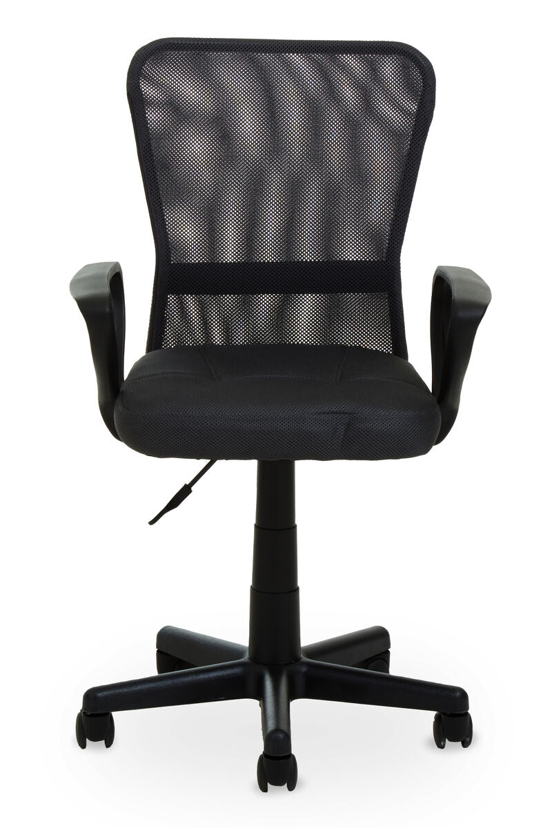 Black office chair with mesh back on a white background