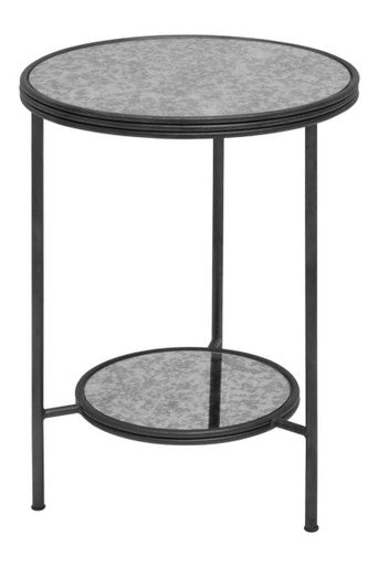Black and Silver Metal Frame 2-Tier Side Table with Round Mirrored Glass Top, Xania