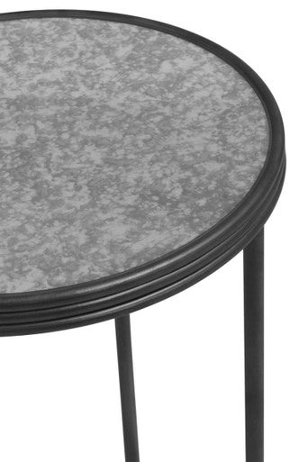 Silver and Black Round Side Table with Antique Mirror Top, Xania