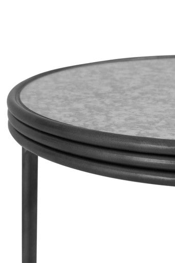 Silver and Black Round Side Table with Antique Mirror Top, Xania