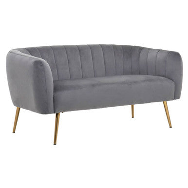 Gray velvet sofa with gold legs on a white background