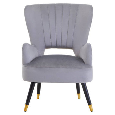 Gray upholstered chair with black legs and gold foot caps on a white background