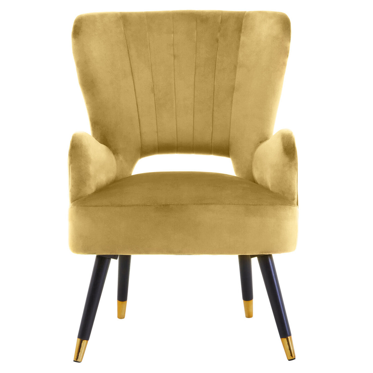 Gold velvet armchair with black legs and gold tips on a white background