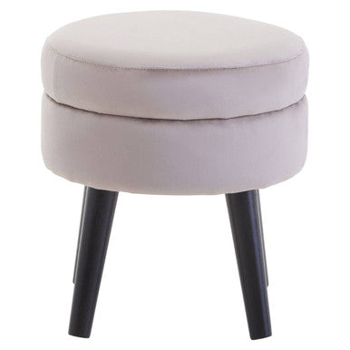 Round stool with beige cushioned top and black legs on a white background