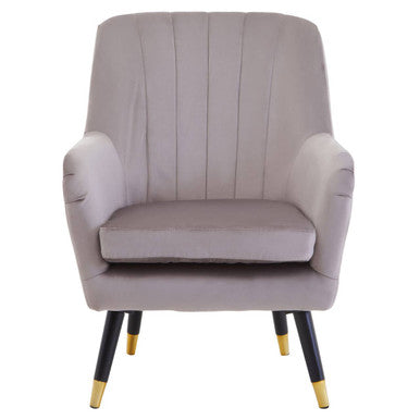Gray armchair with black legs and gold footrests on a white background