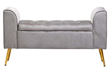 Gray tufted bench with gold legs on a white background