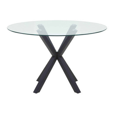 Round glass table with black metal legs on a white background