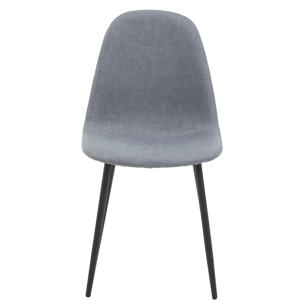 Gray upholstered chair with black legs on a white background
