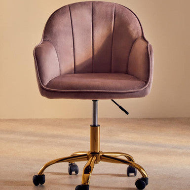 Brown velvet office chair with gold base on a beige background