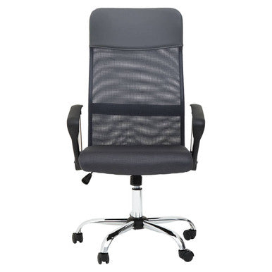 Black office chair with mesh backrest on a white background