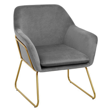 Gray upholstered chair with gold metal legs on a white background
