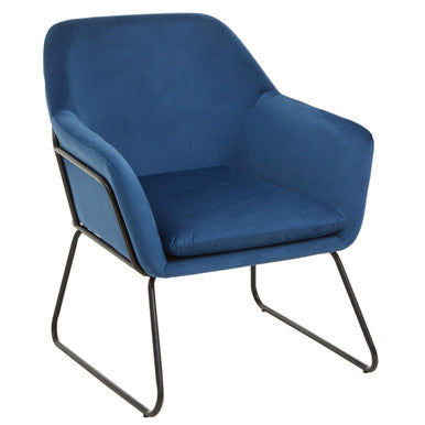Blue armchair with black metal legs on a white background