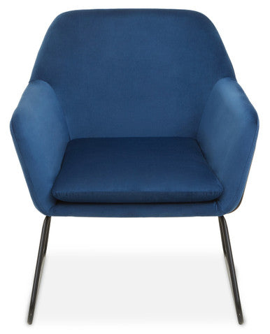 Blue armchair with black metal legs on a white background