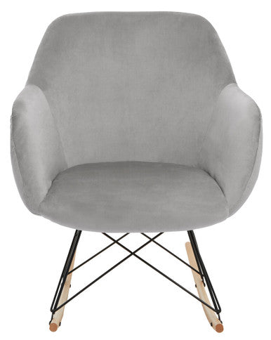Gray armchair with black metal frame and wooden legs on a white background