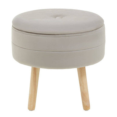 Round beige ottoman with wooden legs on a white background