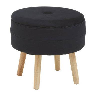 Black round ottoman with wooden legs on a white background