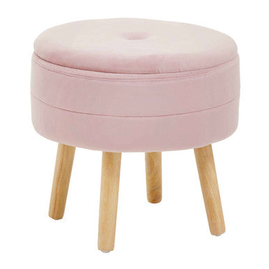 Pink round ottoman with wooden legs on a white background