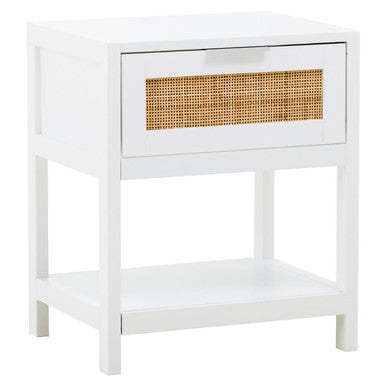 White Wooden Side Table with Rattan 1 Drawers, Sherman