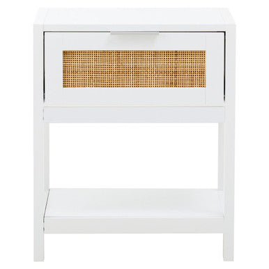 White nightstand with a woven basket drawer on a white background