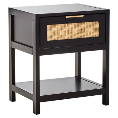 Sherman Black Wood and Natural Rattan One Drawer Bedside Table