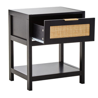Black Wooden Bedside Table with Natural Rattan 1 Drawer, Sherman