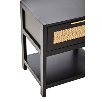 Black Wooden Bedside Table with Natural Rattan 1 Drawer, Sherman