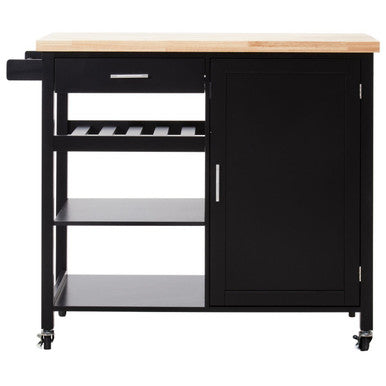 Black kitchen island with wooden top on a white background