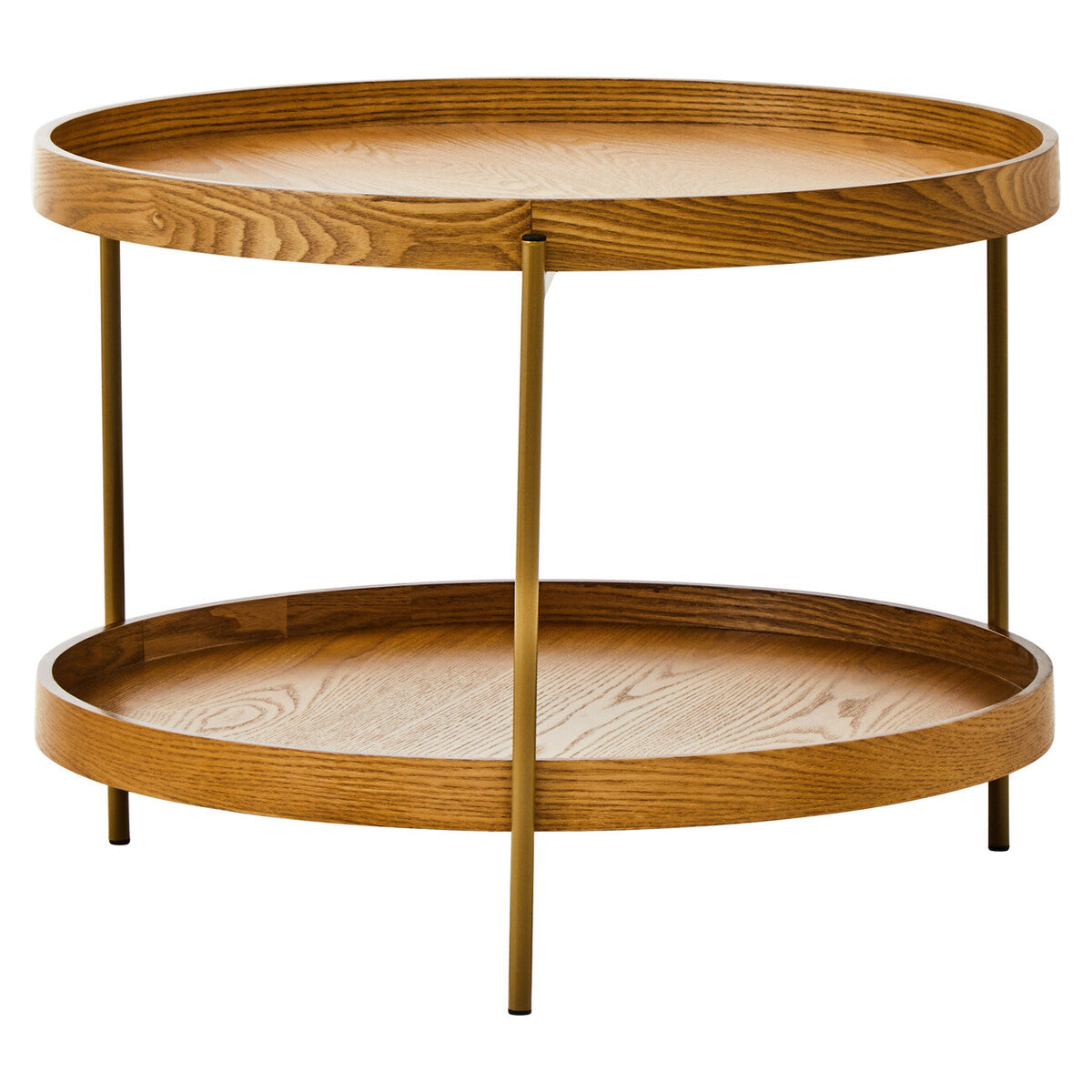 Wooden side table with two round shelves on a white background