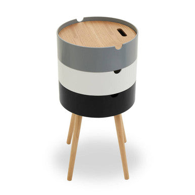White, Grey and Black Three Tier Storage Side Table with Pine Wood Legs, Viborg