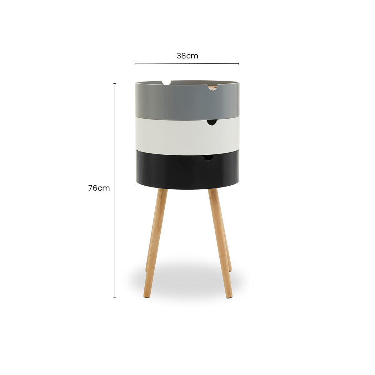 White Grey and Black Three Tier Storage Side Table with Pine Wood Legs | Viborg