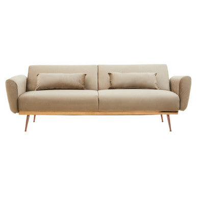 Beige sofa with wooden legs on a white background