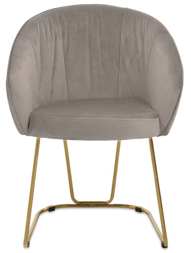 Gray upholstered chair with gold metal legs on a white background