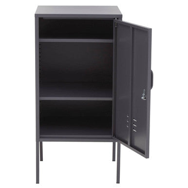 Gray metal locker with one door open on a white background
