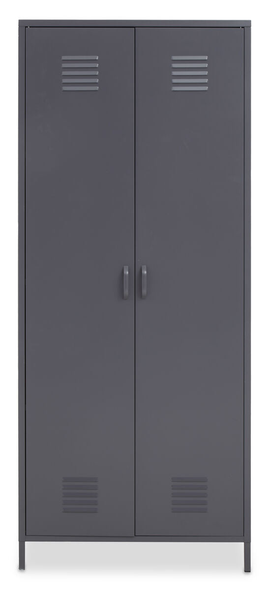 Gray metal locker with two doors on a white background