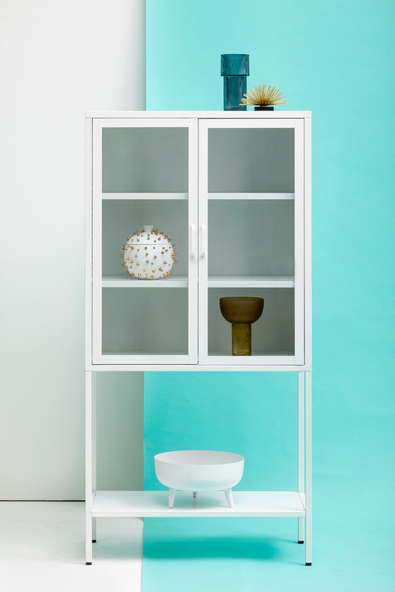 Acier Two Door White Metal Cabinet with Glass Doors