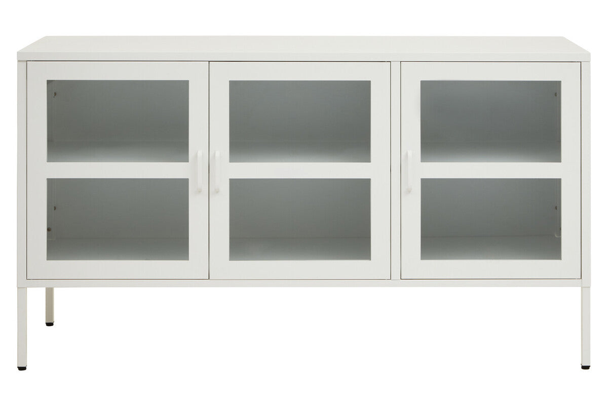 White cabinet with glass doors on a white background