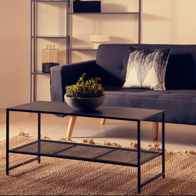 Living room with a sofa, coffee table, and bookshelf.