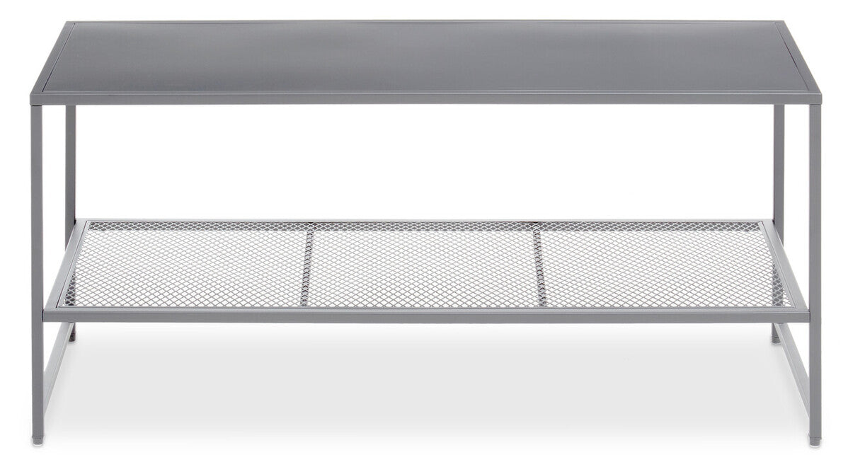 Gray metal console table with mesh shelf on a white background