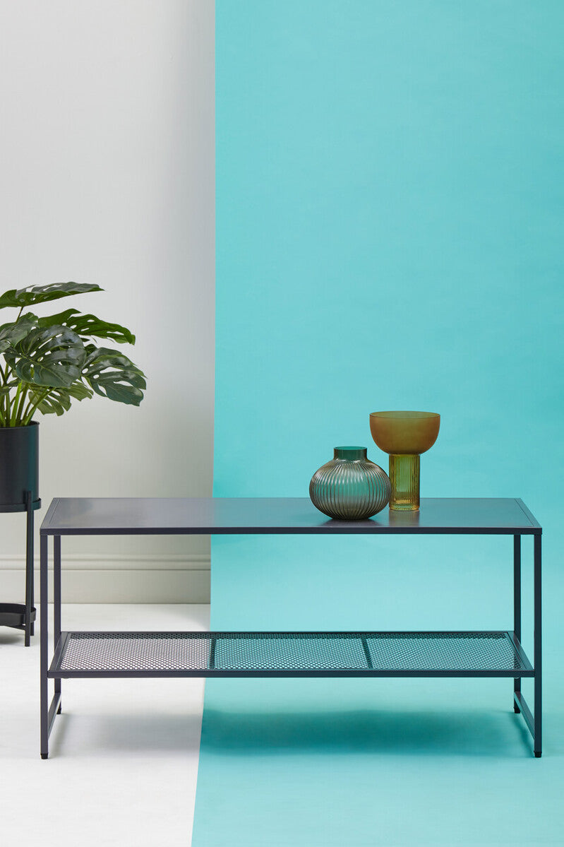 Grey Powder Coated Metal Coffee Table with Lower Mesh Display Shelf, Acero