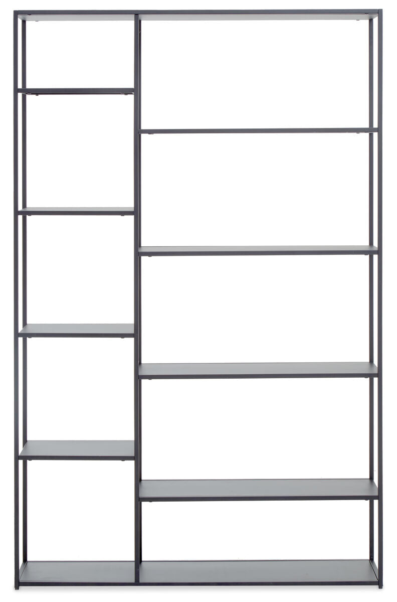 Metal bookshelf with five shelves on a white background