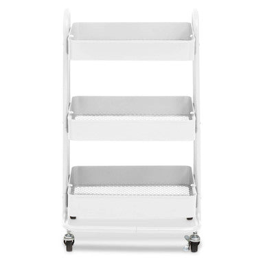 White metal rolling cart with three shelves on a white background