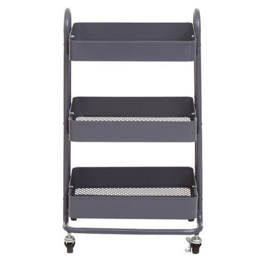 Gray metal utility cart with three shelves on a white background