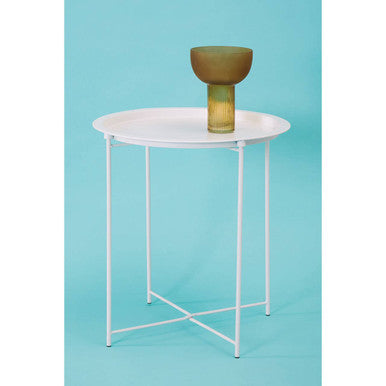 White Powder Coated Metal Round Side Table with Intersecting Cross Base, Acero
