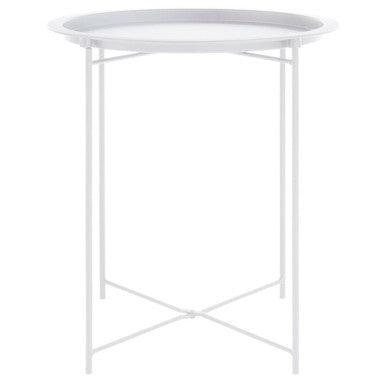 White metal side table with round top on a white background