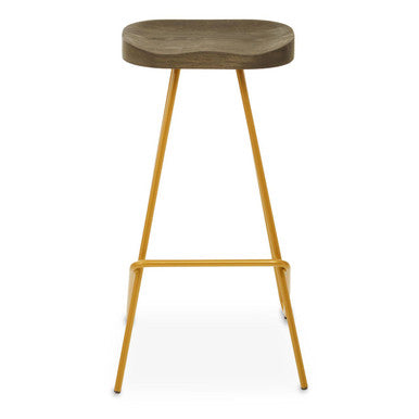 Bar stool with wooden seat and gold metal legs on a white background
